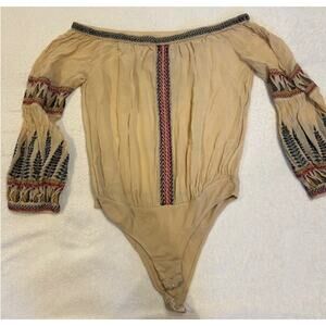 FREE PEOPLE Tan off the shoulder embroidered flowy bodysuit boho Western SMALL